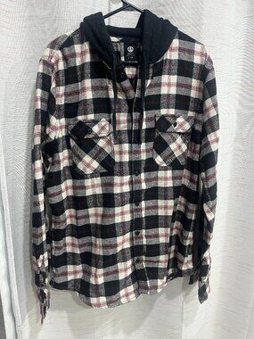 Amnesia Plaid Button Up Hooded Sweater Large Mens (008)